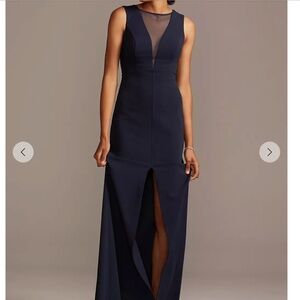 DB Studio Navy Blue Illusion Deep V Center Slit Stretch Crepe Maxi Dress Size 14